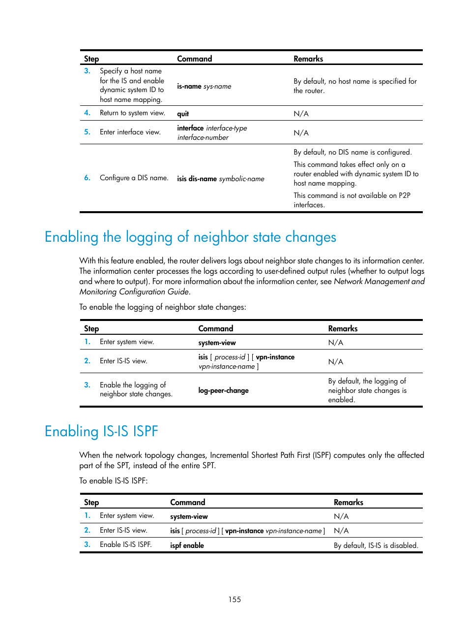 Enabling the logging of neighbor state changes, Enabling is-is ispf | H3C Technologies H3C S5560 Series Switches User Manual | Page 171 / 510