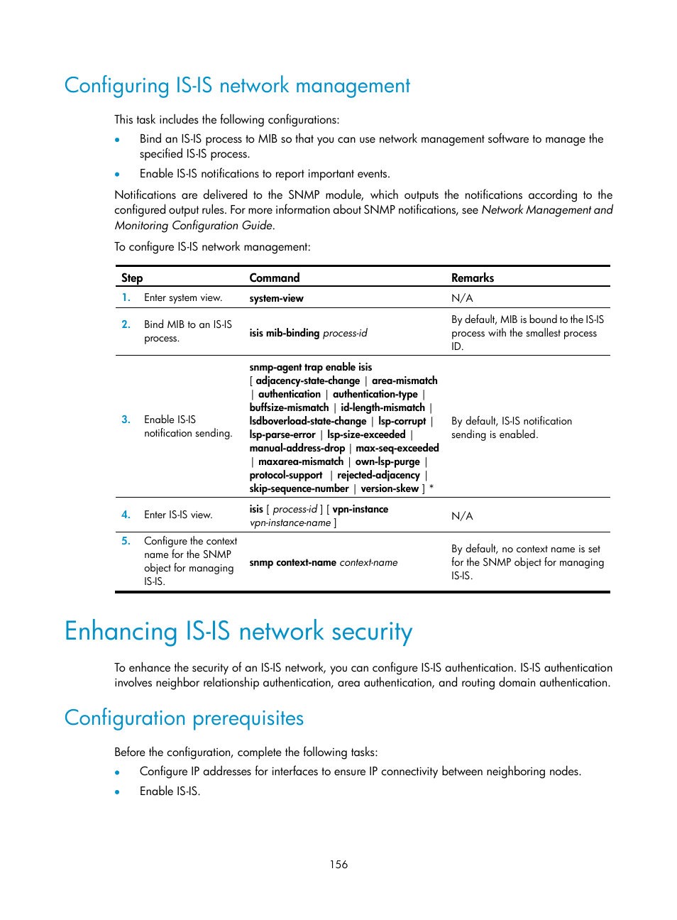 Configuring is-is network management, Enhancing is-is network security, Configuration prerequisites | H3C Technologies H3C S5560 Series Switches User Manual | Page 172 / 510