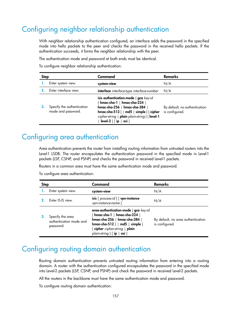 Configuring neighbor relationship authentication, Configuring area authentication, Configuring routing domain authentication | H3C Technologies H3C S5560 Series Switches User Manual | Page 173 / 510