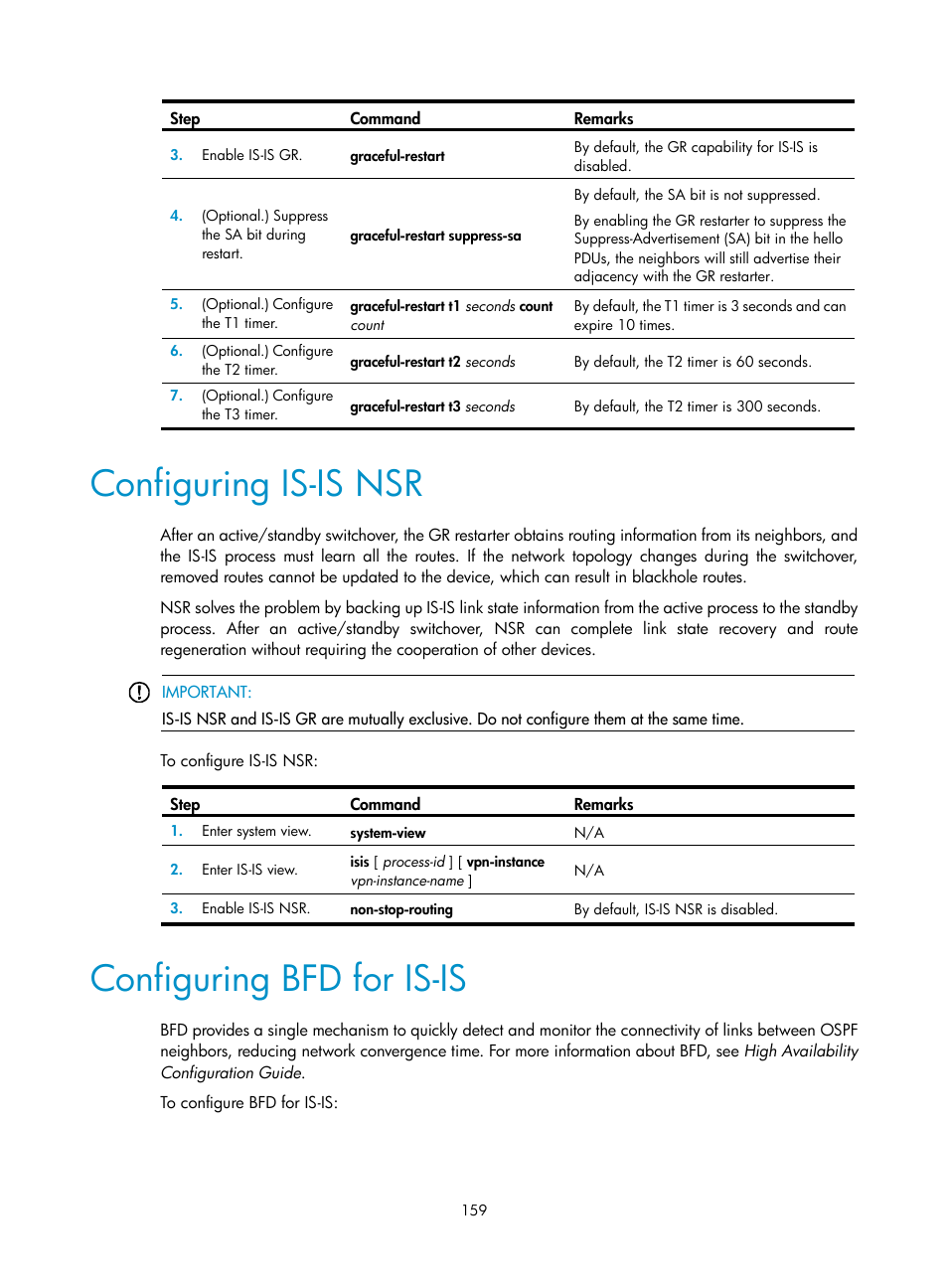Configuring is-is nsr, Configuring bfd for is-is | H3C Technologies H3C S5560 Series Switches User Manual | Page 175 / 510