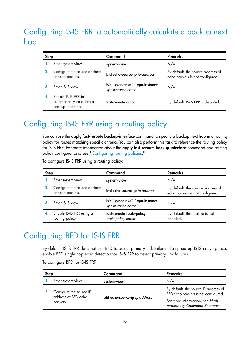 Configuring is-is frr using a routing policy, Configuring bfd for is-is frr | H3C Technologies H3C S5560 Series Switches User Manual | Page 177 / 510