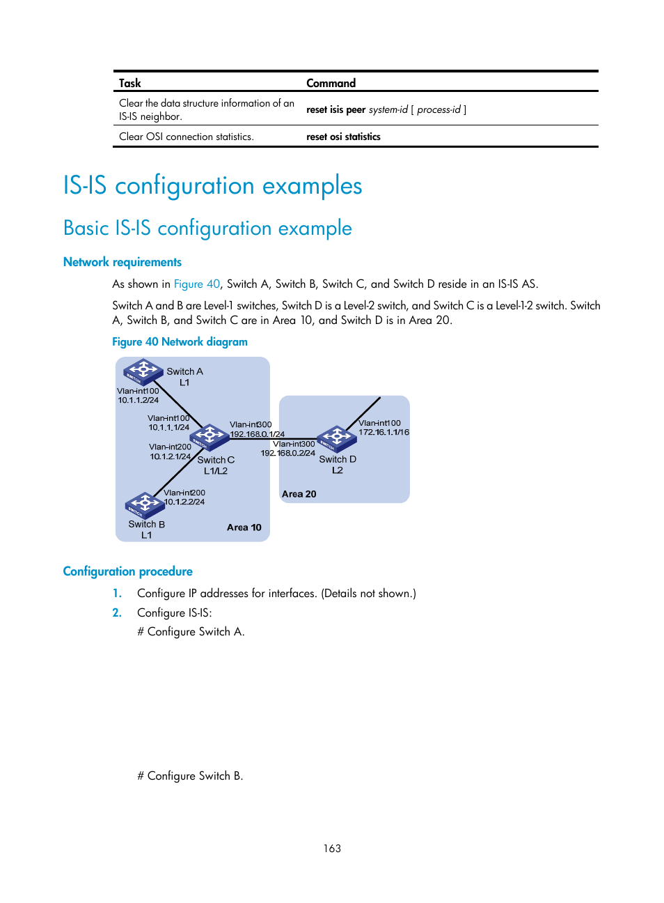 Is-is configuration examples, Basic is-is configuration example, Network requirements | Configuration procedure | H3C Technologies H3C S5560 Series Switches User Manual | Page 179 / 510