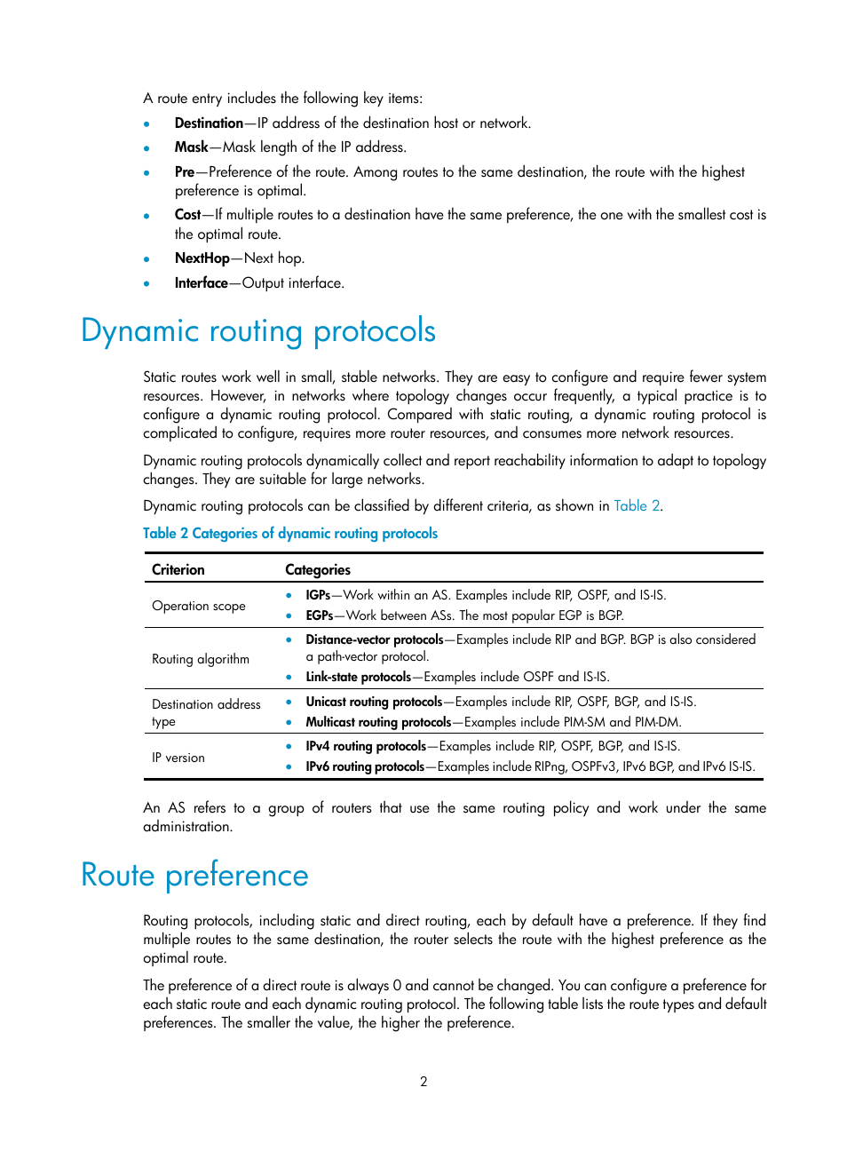 Dynamic routing protocols, Route preference | H3C Technologies H3C S5560 Series Switches User Manual | Page 18 / 510