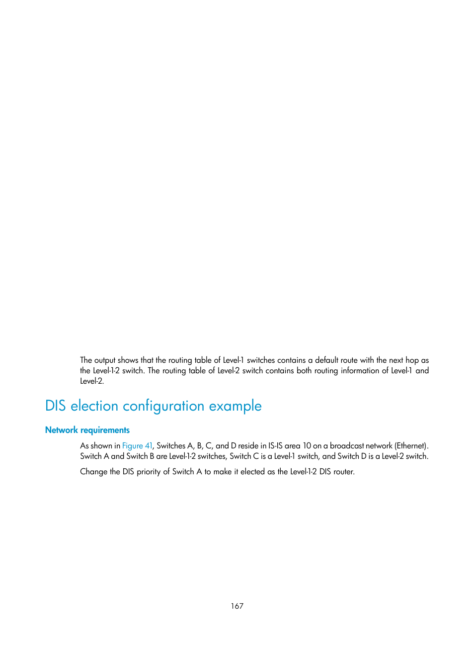 Dis election configuration example, Network requirements | H3C Technologies H3C S5560 Series Switches User Manual | Page 183 / 510