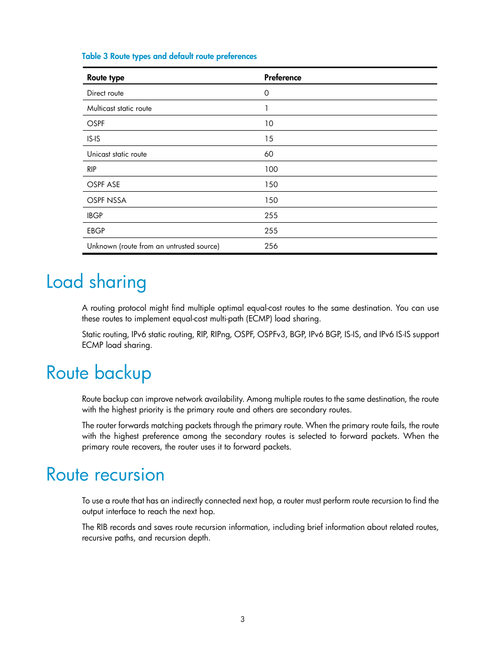 Load sharing, Route backup, Route recursion | H3C Technologies H3C S5560 Series Switches User Manual | Page 19 / 510