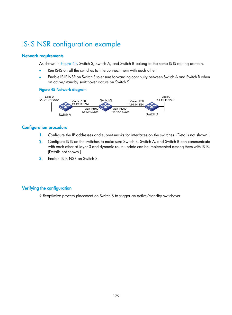 Is-is nsr configuration example, Network requirements, Configuration procedure | Verifying the configuration | H3C Technologies H3C S5560 Series Switches User Manual | Page 195 / 510