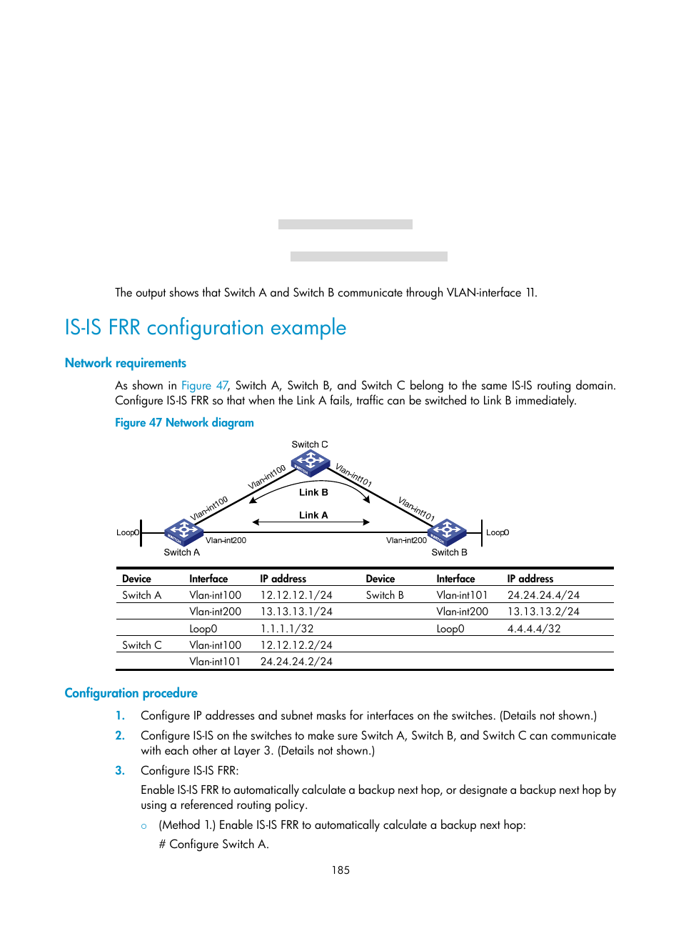 Is-is frr configuration example, Network requirements, Configuration procedure | H3C Technologies H3C S5560 Series Switches User Manual | Page 201 / 510