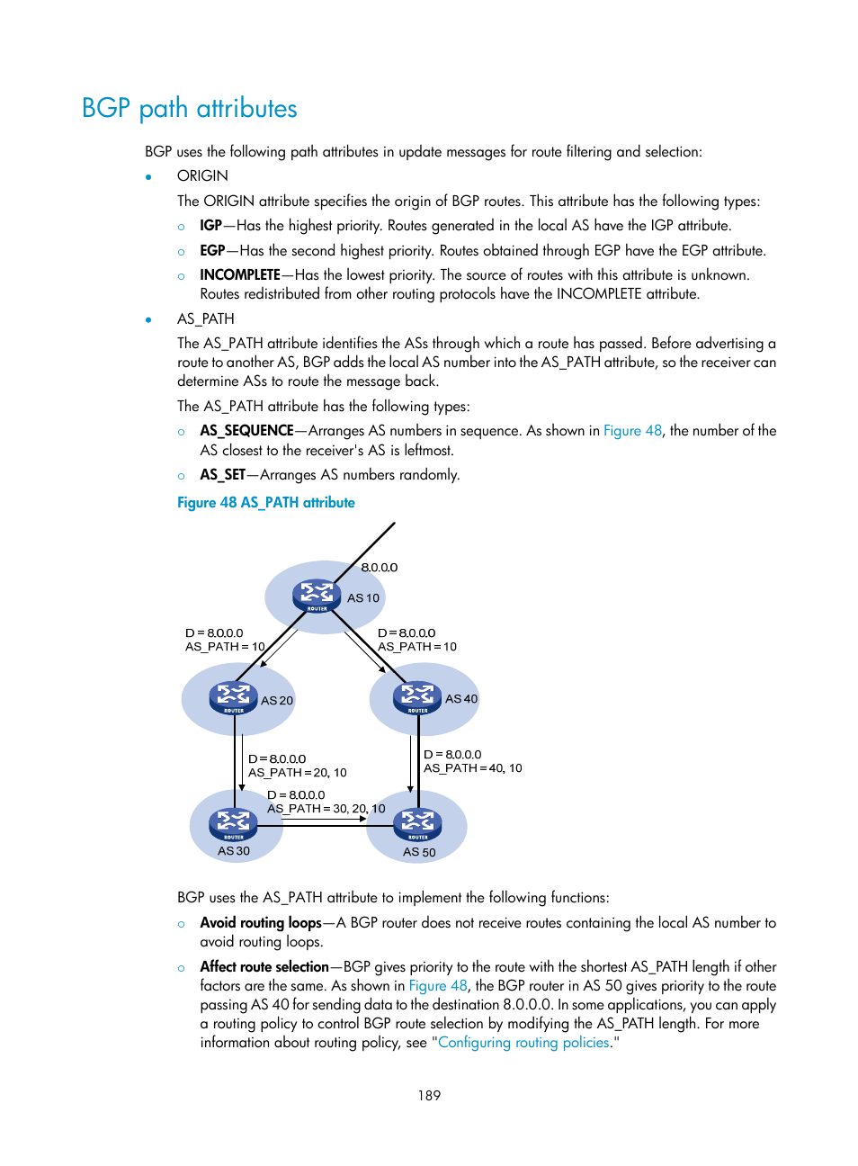 Bgp path attributes | H3C Technologies H3C S5560 Series Switches User Manual | Page 205 / 510