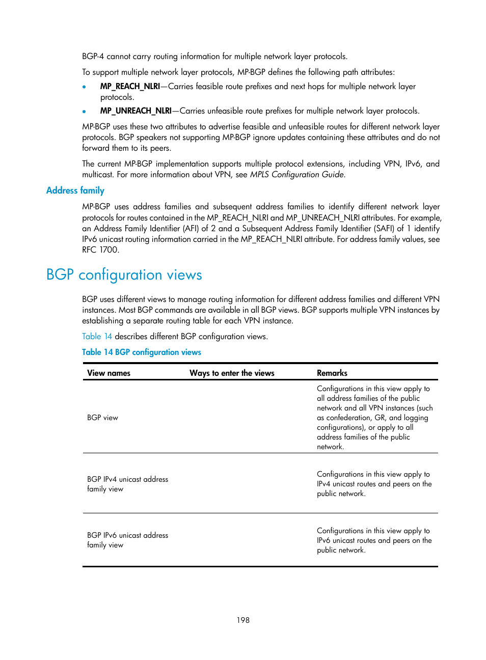 Address family, Bgp configuration views | H3C Technologies H3C S5560 Series Switches User Manual | Page 214 / 510