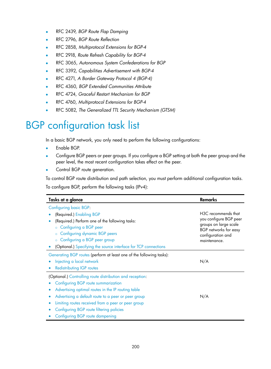 Bgp configuration task list | H3C Technologies H3C S5560 Series Switches User Manual | Page 216 / 510