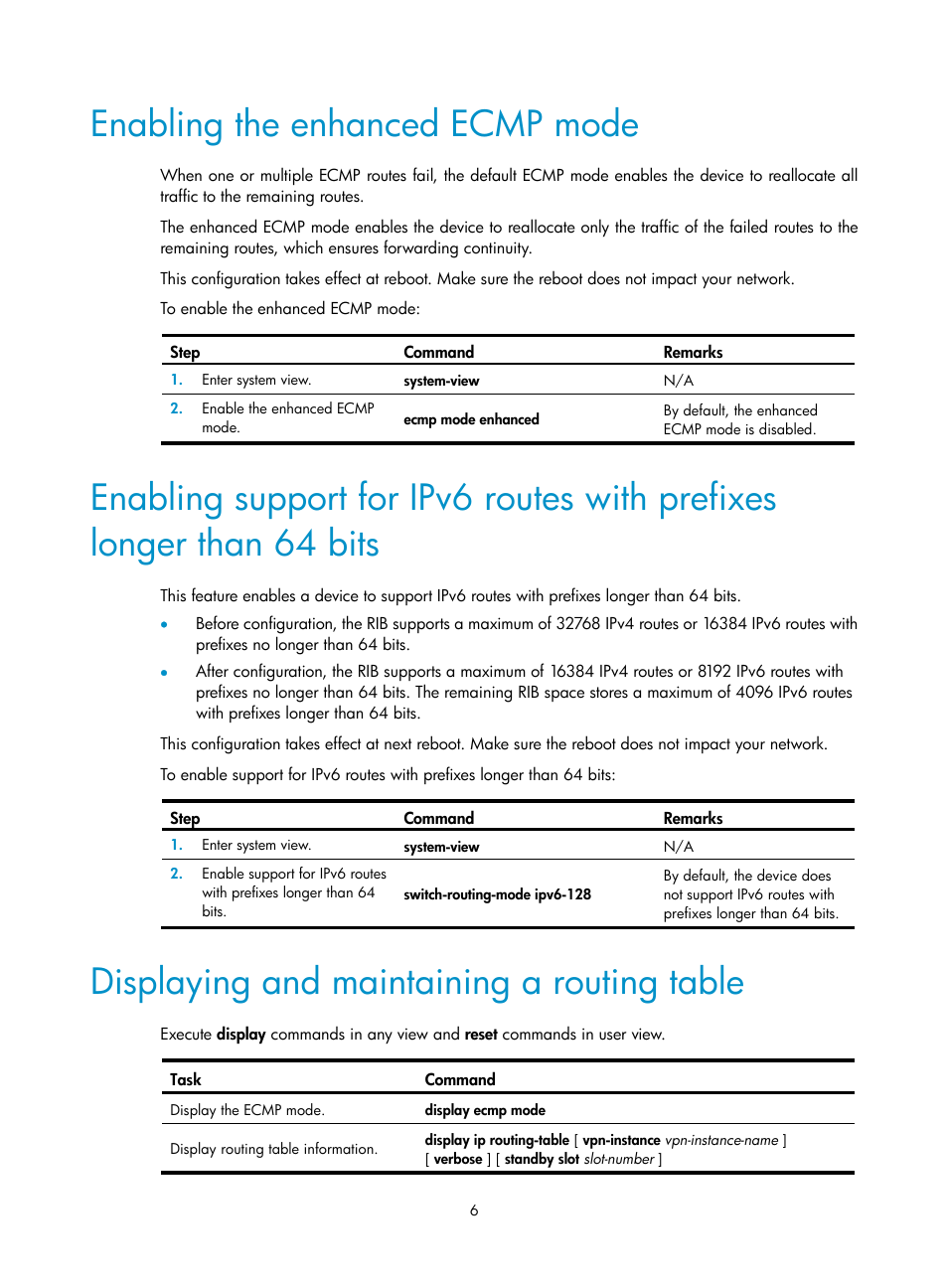 Enabling the enhanced ecmp mode, Displaying and maintaining a routing table | H3C Technologies H3C S5560 Series Switches User Manual | Page 22 / 510