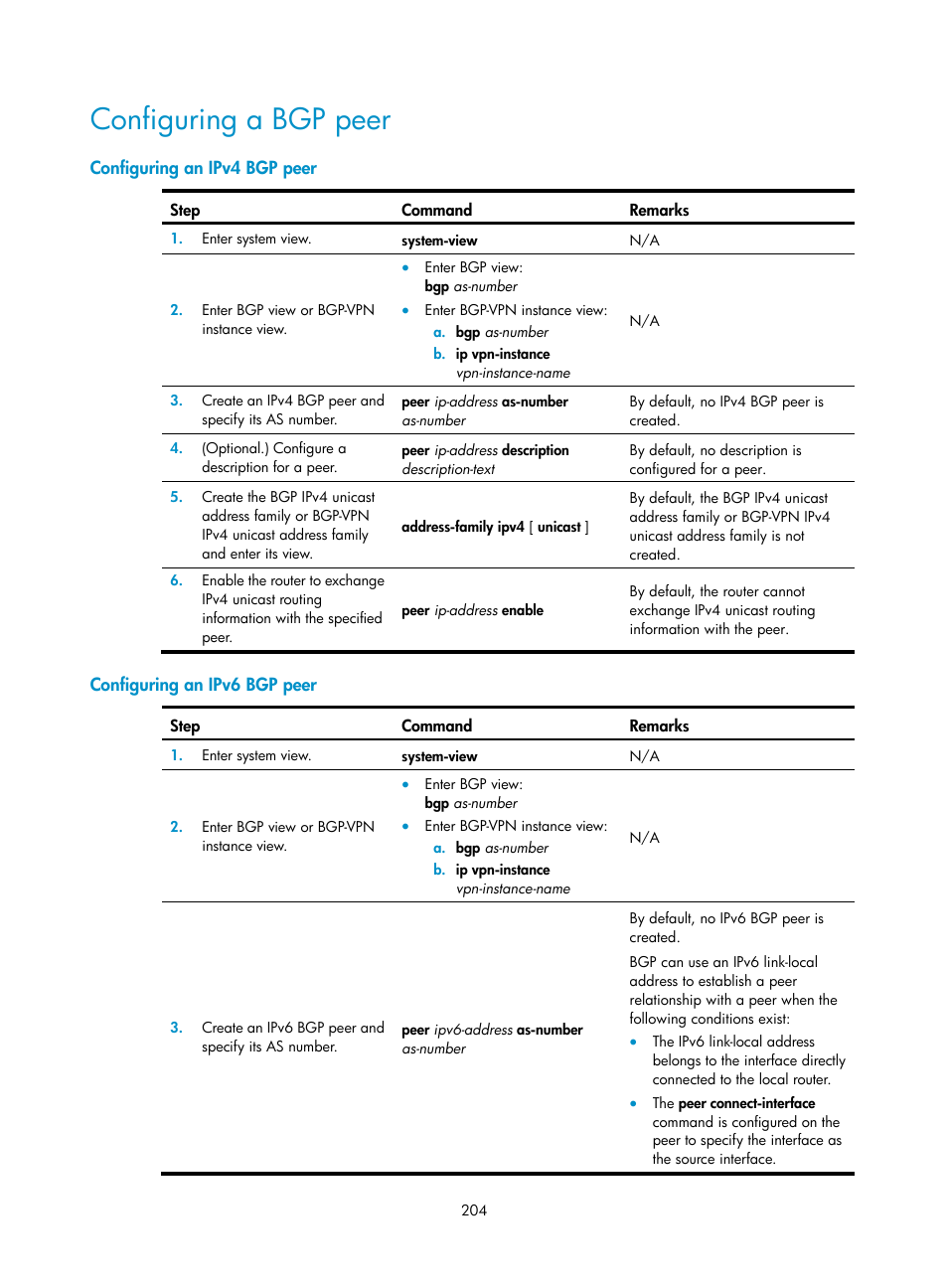 Configuring a bgp peer, Configuring an ipv4 bgp peer, Configuring an ipv6 bgp peer | H3C Technologies H3C S5560 Series Switches User Manual | Page 220 / 510