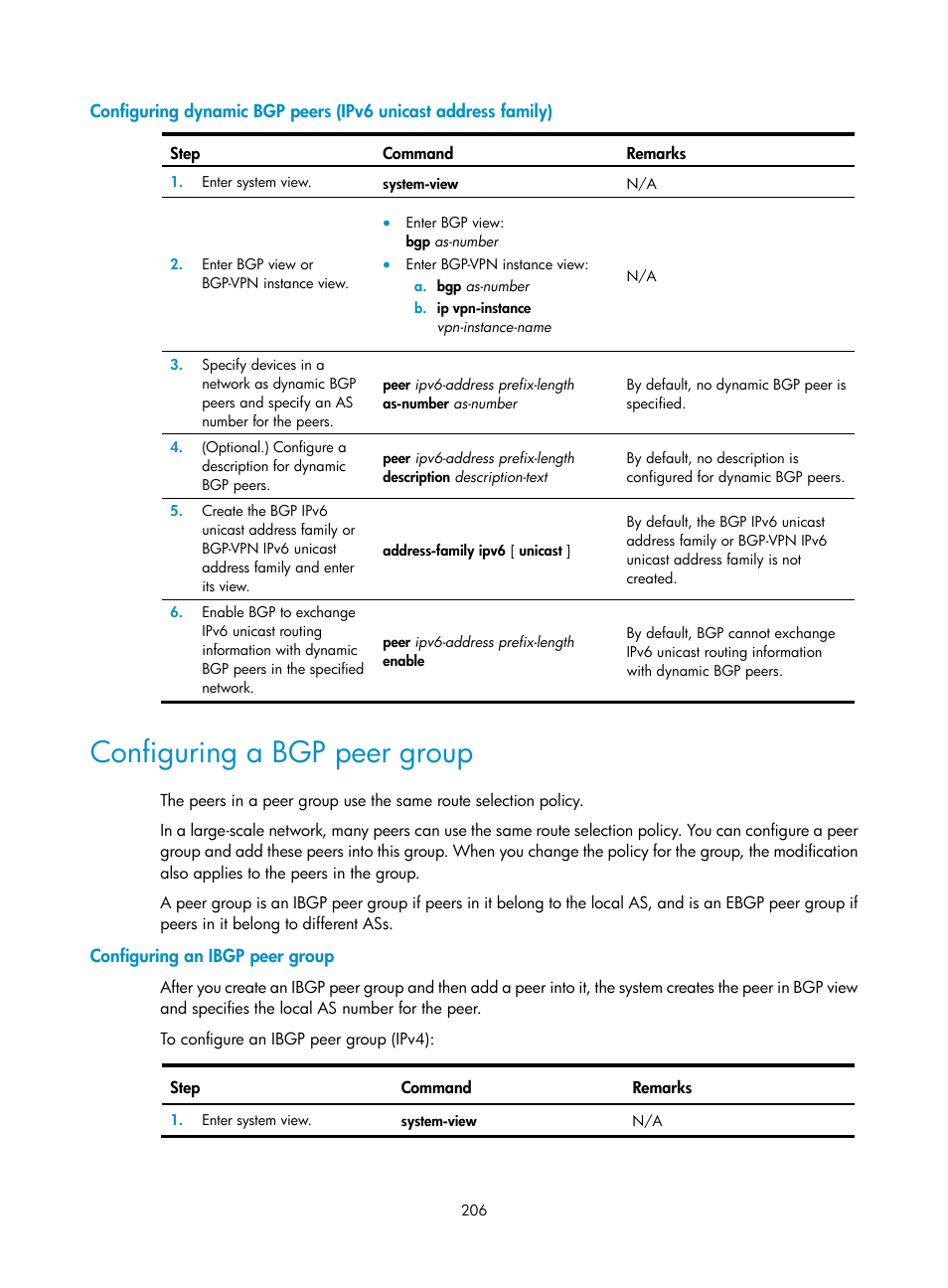 Configuring a bgp peer group, Configuring an ibgp peer group | H3C Technologies H3C S5560 Series Switches User Manual | Page 222 / 510