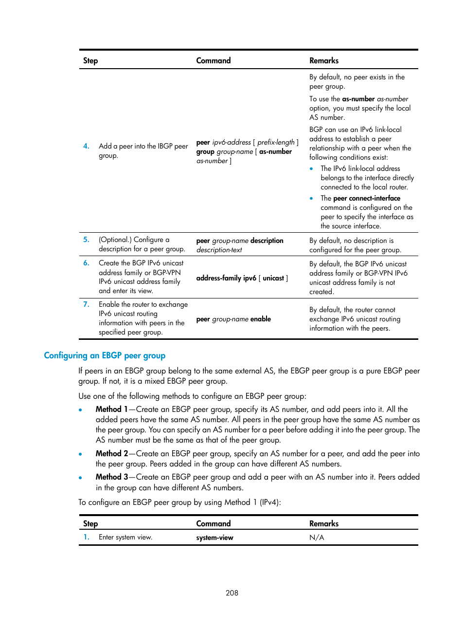 Configuring an ebgp peer group | H3C Technologies H3C S5560 Series Switches User Manual | Page 224 / 510