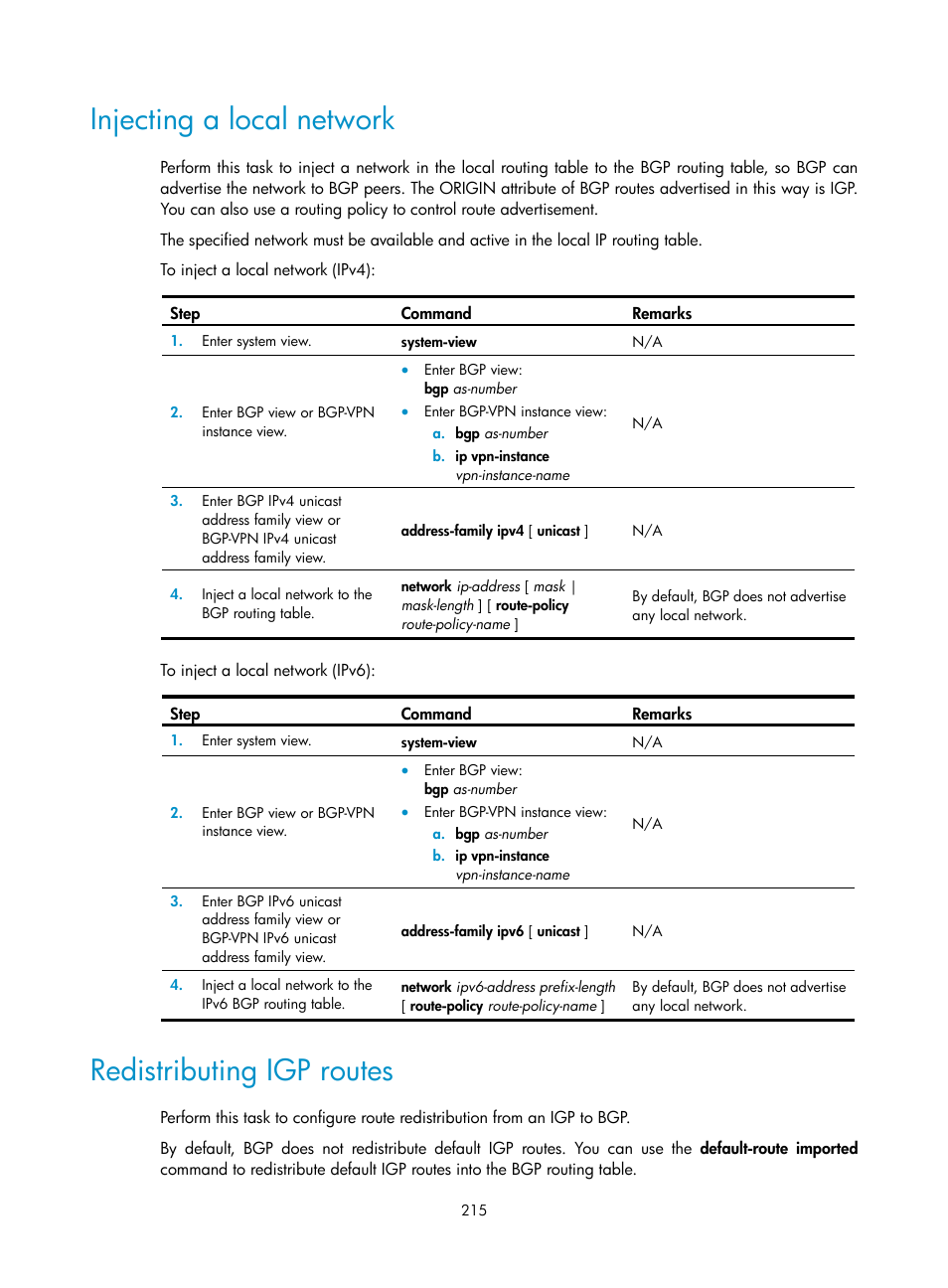 Injecting a local network, Redistributing igp routes | H3C Technologies H3C S5560 Series Switches User Manual | Page 231 / 510