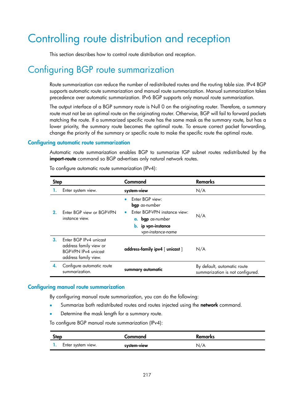 Controlling route distribution and reception, Configuring bgp route summarization, Configuring automatic route summarization | Configuring manual route summarization | H3C Technologies H3C S5560 Series Switches User Manual | Page 233 / 510