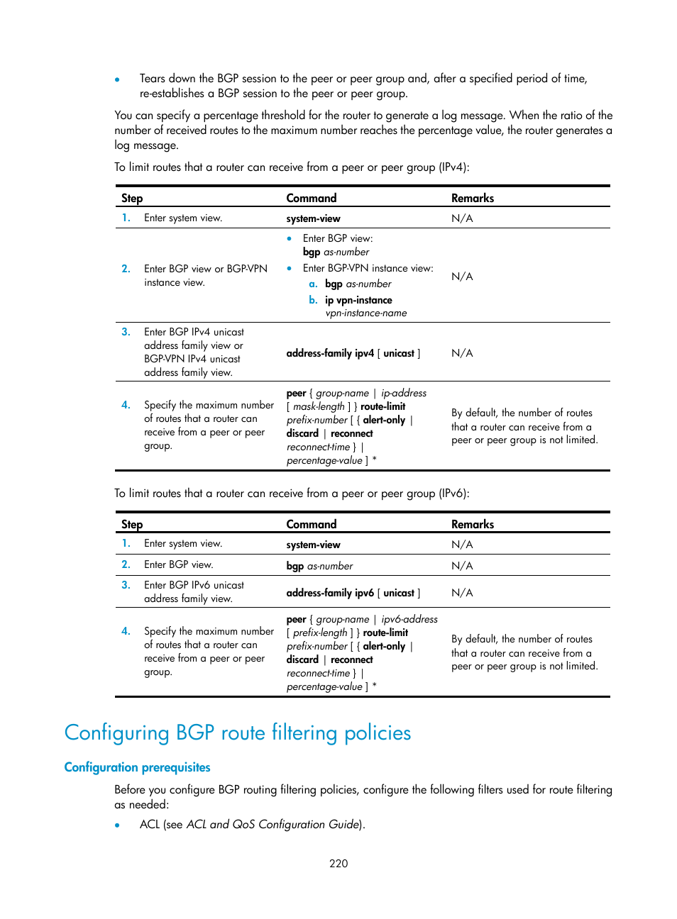 Configuring bgp route filtering policies, Configuration prerequisites | H3C Technologies H3C S5560 Series Switches User Manual | Page 236 / 510