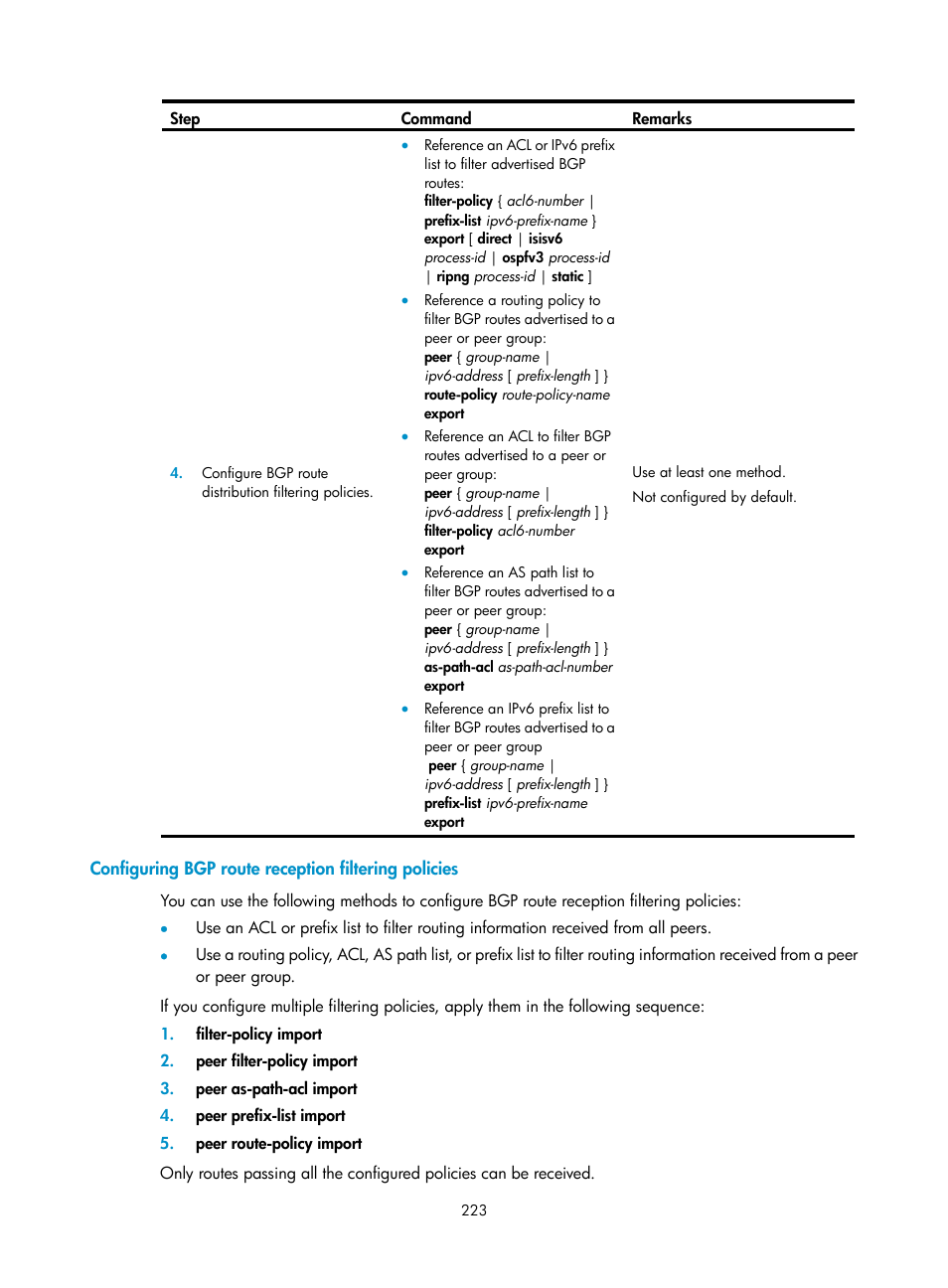 Configuring bgp route reception filtering policies | H3C Technologies H3C S5560 Series Switches User Manual | Page 239 / 510