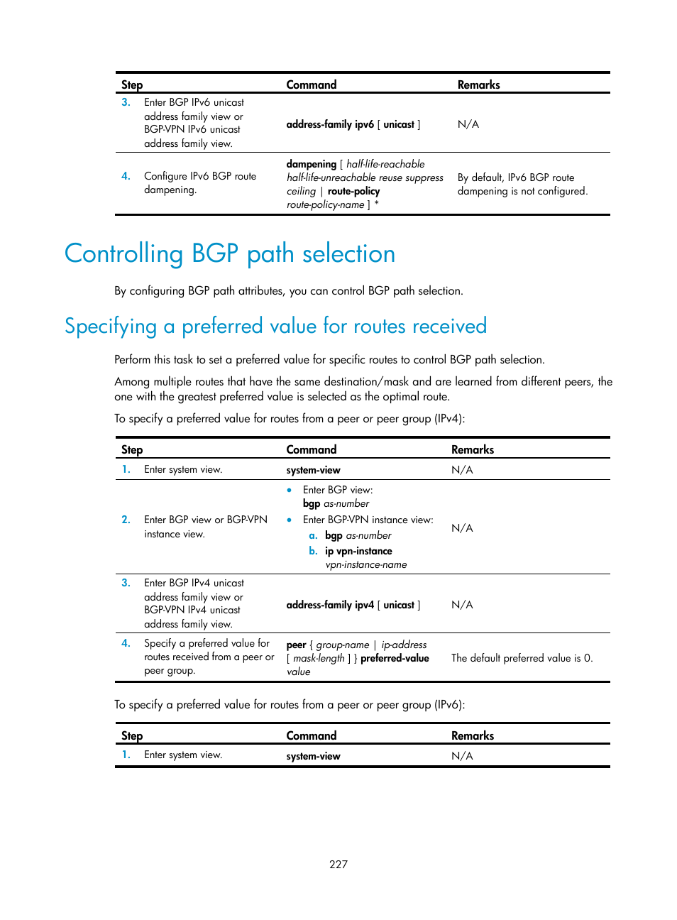 Controlling bgp path selection, Specifying a preferred value for routes received | H3C Technologies H3C S5560 Series Switches User Manual | Page 243 / 510