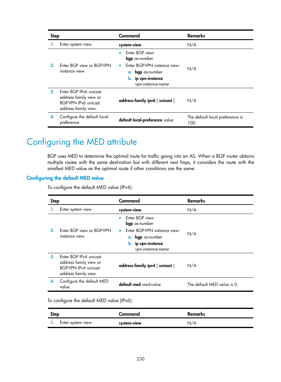 Configuring the med attribute, Configuring the default med value | H3C Technologies H3C S5560 Series Switches User Manual | Page 246 / 510