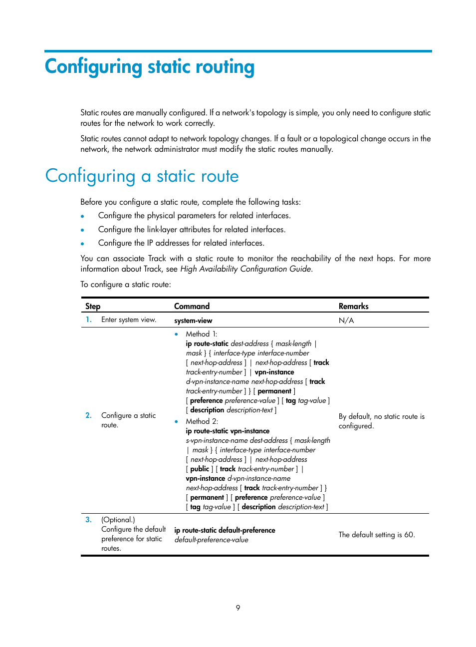 Configuring static routing, Configuring a static route | H3C Technologies H3C S5560 Series Switches User Manual | Page 25 / 510