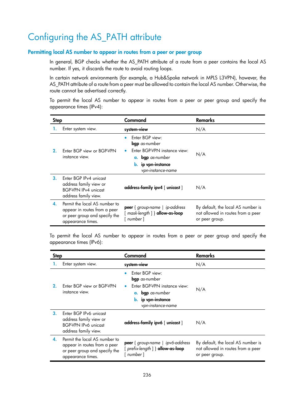 Configuring the as_path attribute | H3C Technologies H3C S5560 Series Switches User Manual | Page 252 / 510