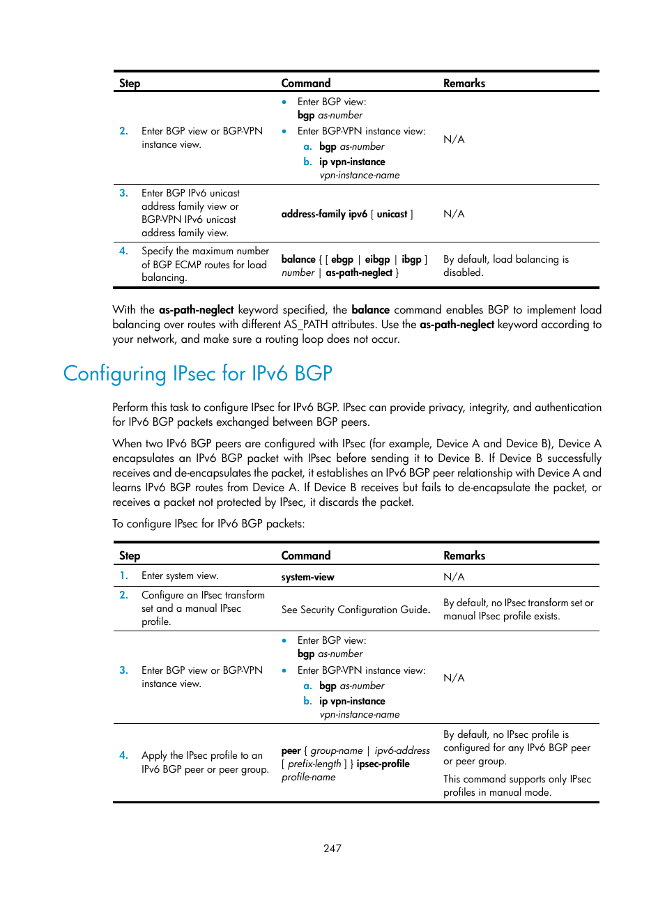 Configuring ipsec for ipv6 bgp | H3C Technologies H3C S5560 Series Switches User Manual | Page 263 / 510