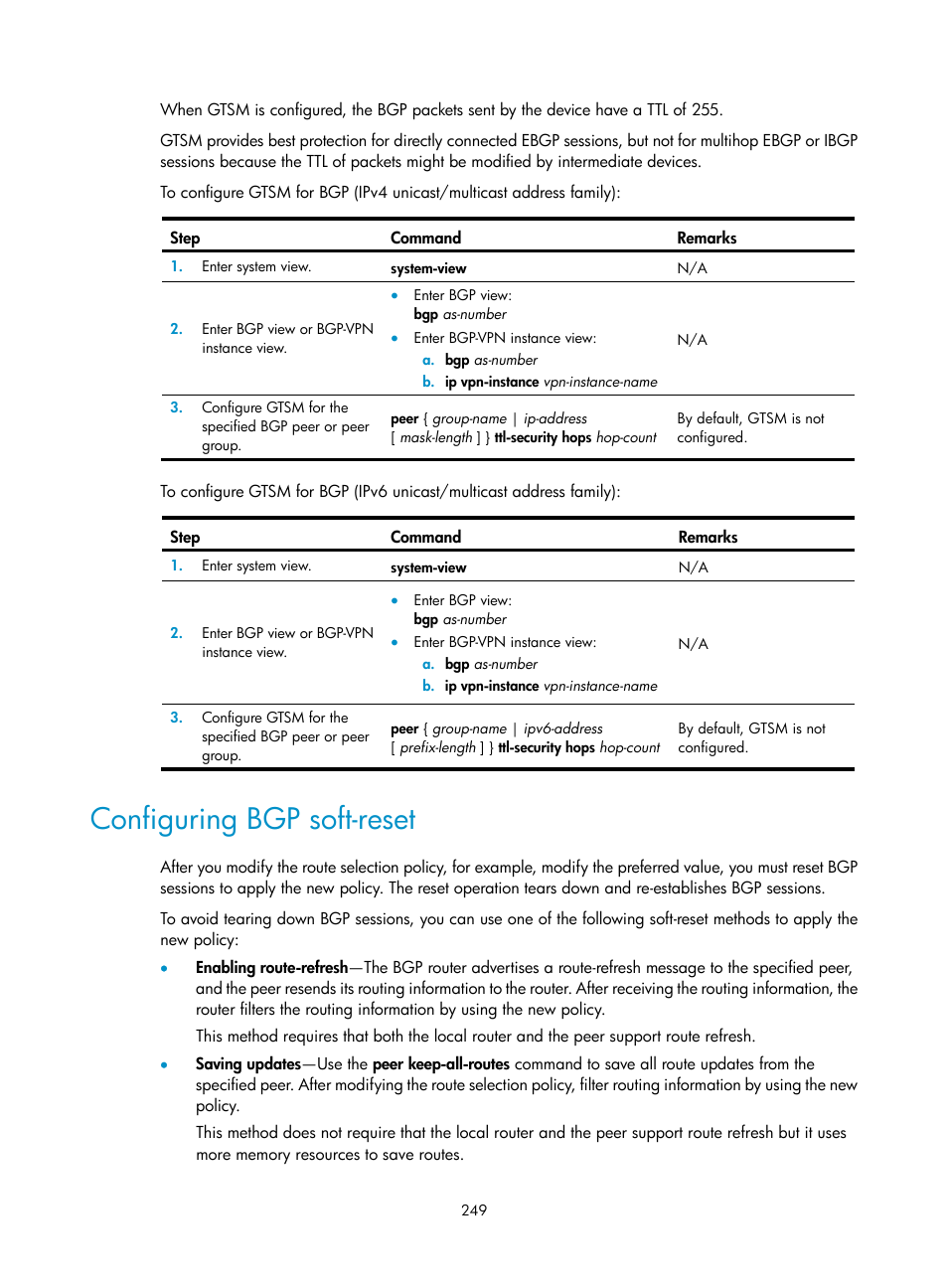 Configuring bgp soft-reset | H3C Technologies H3C S5560 Series Switches User Manual | Page 265 / 510