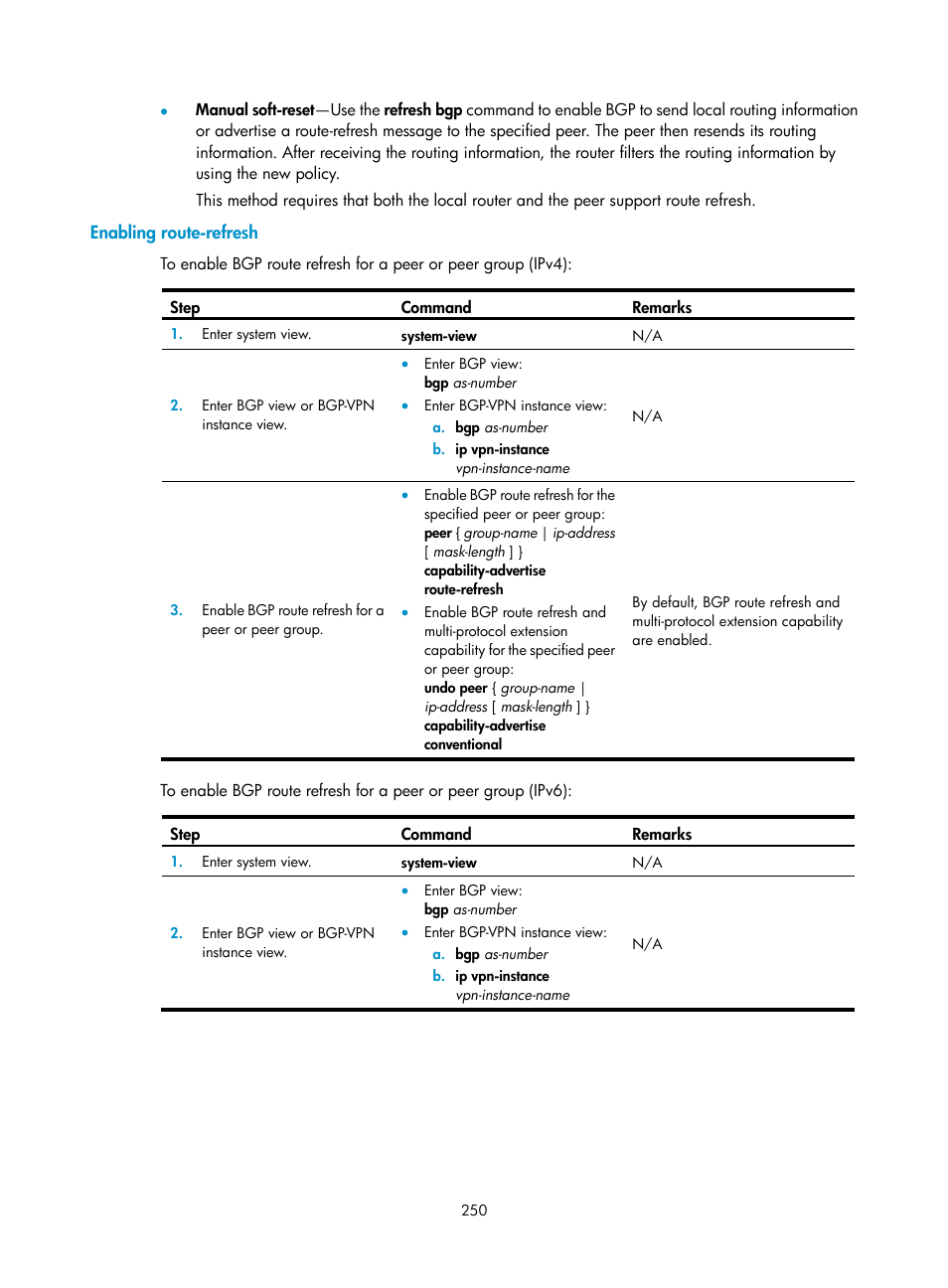 Enabling route-refresh | H3C Technologies H3C S5560 Series Switches User Manual | Page 266 / 510