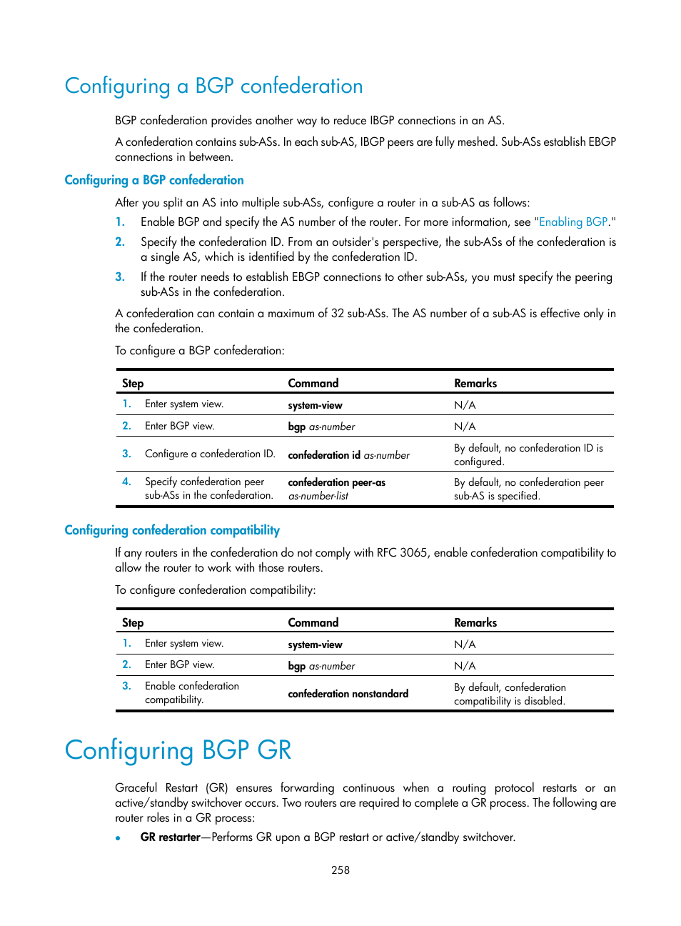 Configuring a bgp confederation, Configuring confederation compatibility, Configuring bgp gr | H3C Technologies H3C S5560 Series Switches User Manual | Page 274 / 510