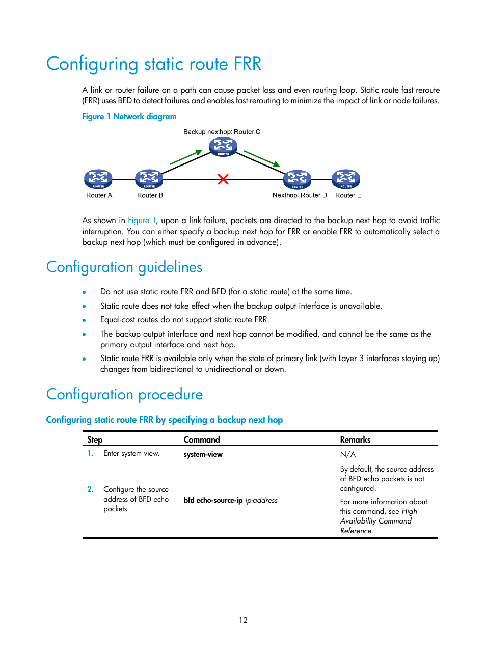 Configuring static route frr, Configuration guidelines, Configuration procedure | H3C Technologies H3C S5560 Series Switches User Manual | Page 28 / 510