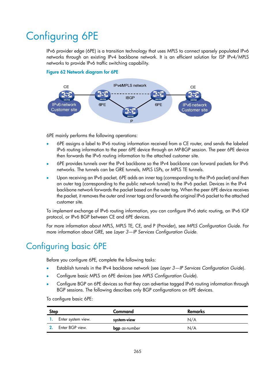 Configuring 6pe, Configuring basic 6pe | H3C Technologies H3C S5560 Series Switches User Manual | Page 281 / 510