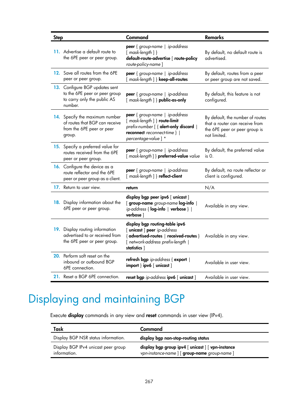 Displaying and maintaining bgp | H3C Technologies H3C S5560 Series Switches User Manual | Page 283 / 510