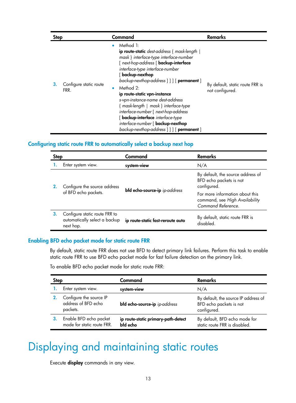 Enabling bfd echo packet mode for static route frr, Displaying and maintaining static routes | H3C Technologies H3C S5560 Series Switches User Manual | Page 29 / 510