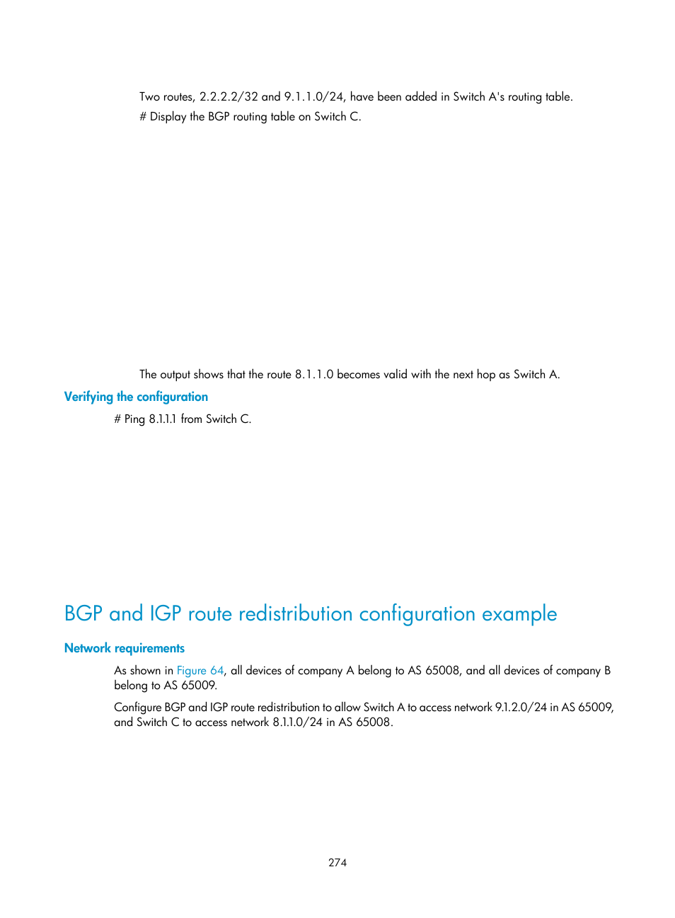 Verifying the configuration, Network requirements | H3C Technologies H3C S5560 Series Switches User Manual | Page 290 / 510