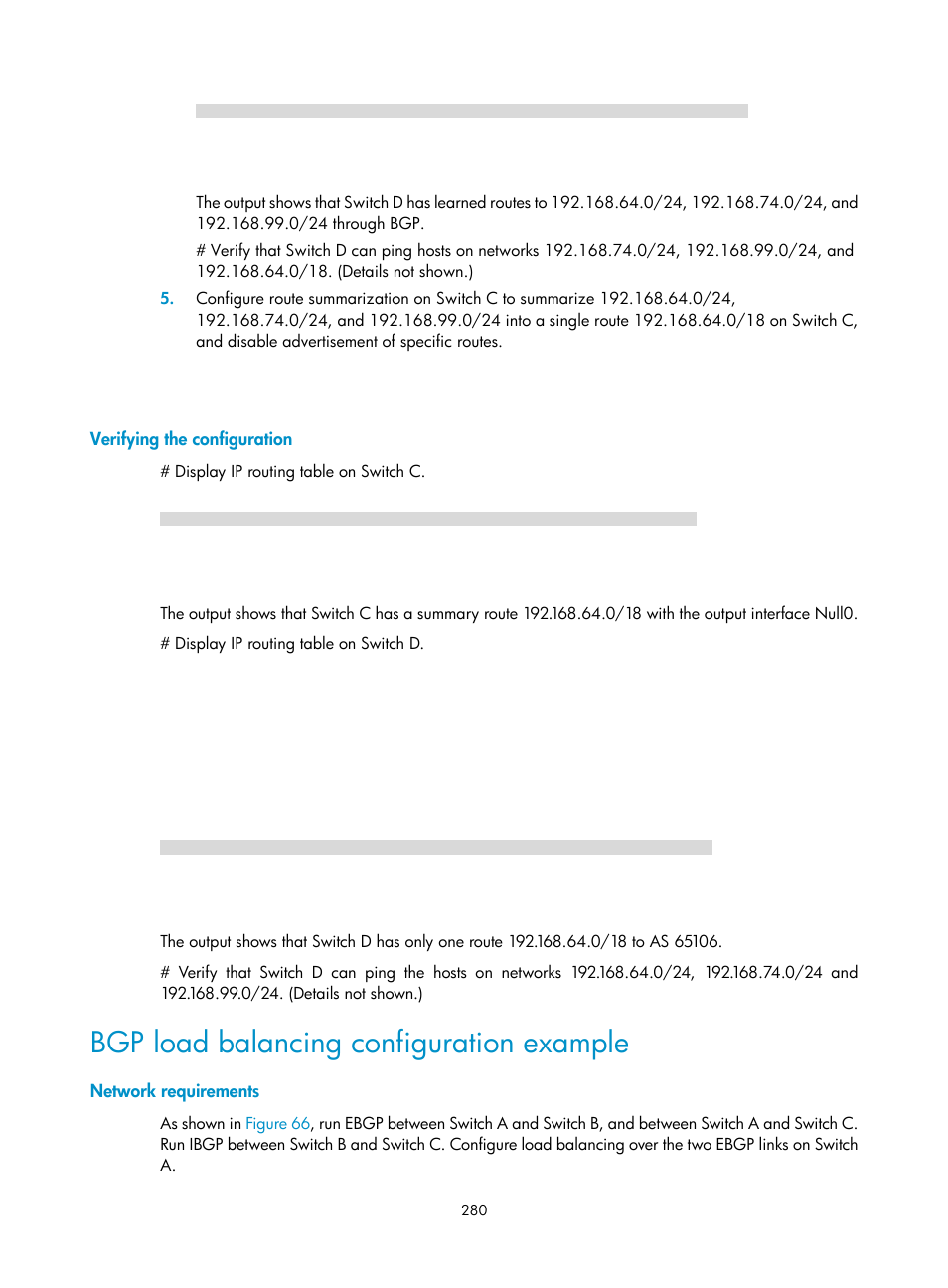 Verifying the configuration, Bgp load balancing configuration example, Network requirements | H3C Technologies H3C S5560 Series Switches User Manual | Page 296 / 510