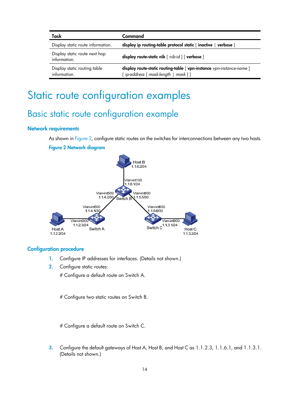 Static route configuration examples, Basic static route configuration example, Network requirements | Configuration procedure | H3C Technologies H3C S5560 Series Switches User Manual | Page 30 / 510