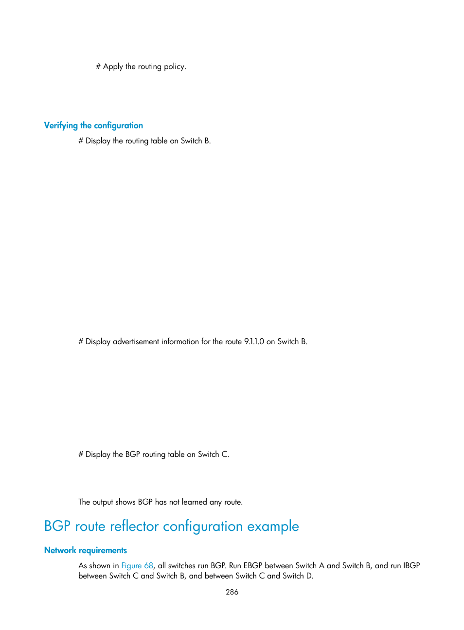 Verifying the configuration, Bgp route reflector configuration example, Network requirements | H3C Technologies H3C S5560 Series Switches User Manual | Page 302 / 510
