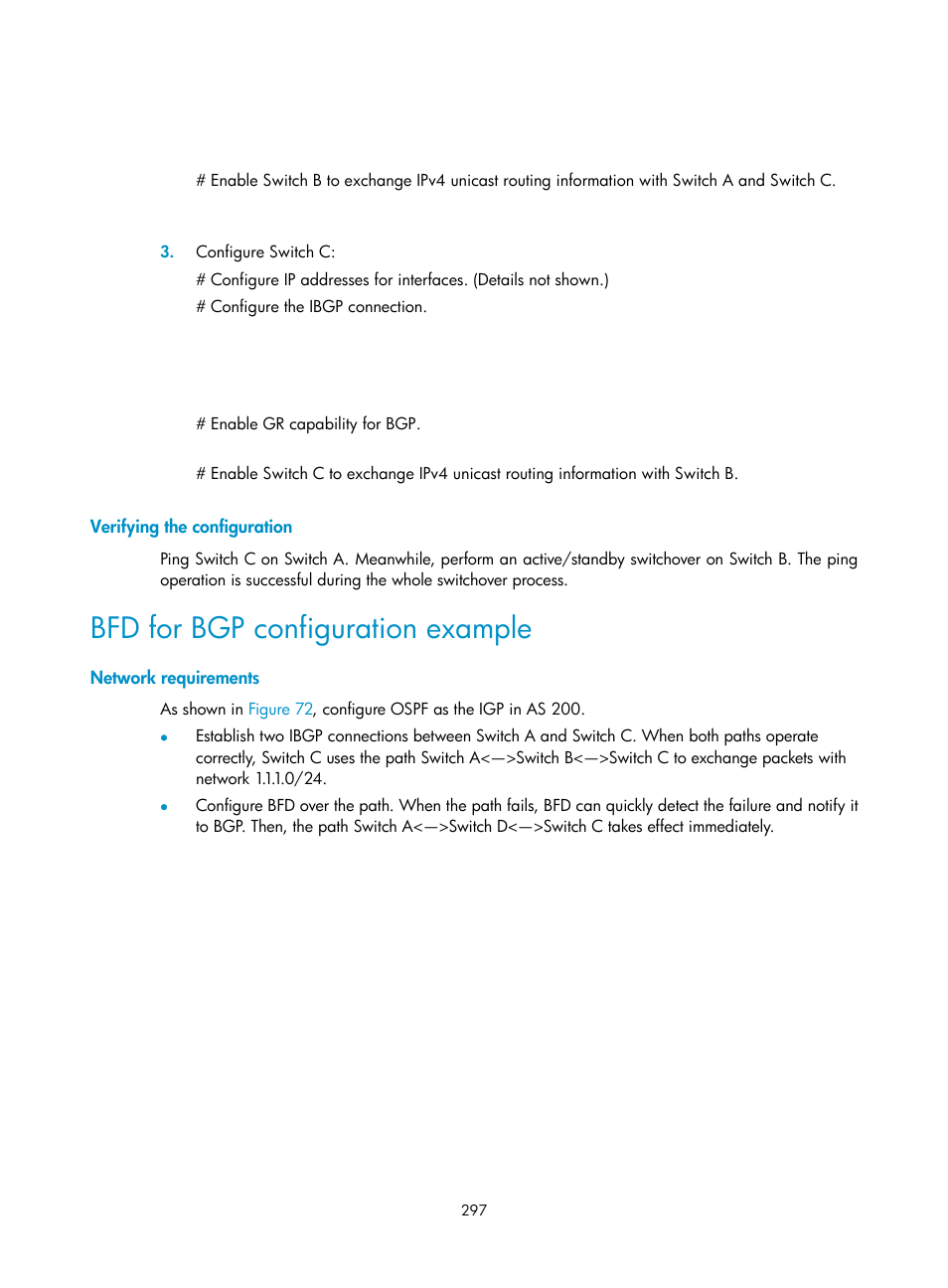 Verifying the configuration, Bfd for bgp configuration example, Network requirements | H3C Technologies H3C S5560 Series Switches User Manual | Page 313 / 510