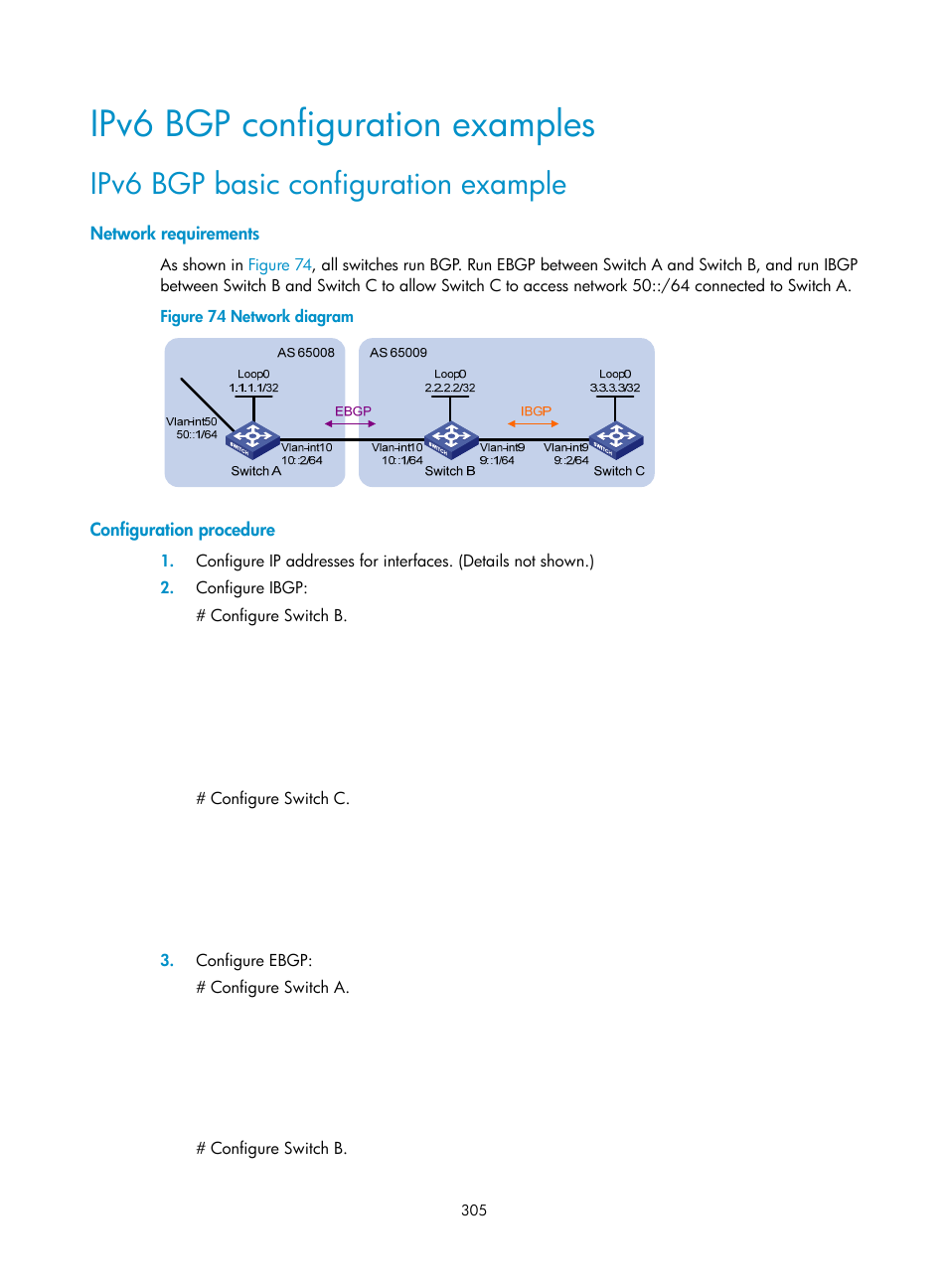 Ipv6 bgp configuration examples, Ipv6 bgp basic configuration example, Network requirements | Configuration procedure | H3C Technologies H3C S5560 Series Switches User Manual | Page 321 / 510