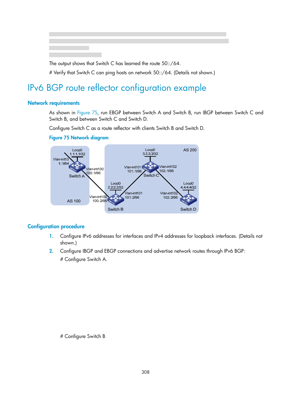 Ipv6 bgp route reflector configuration example, Network requirements, Configuration procedure | H3C Technologies H3C S5560 Series Switches User Manual | Page 324 / 510