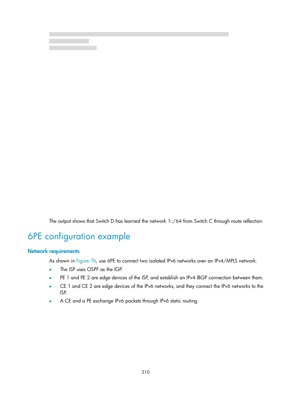 6pe configuration example, Network requirements | H3C Technologies H3C S5560 Series Switches User Manual | Page 326 / 510