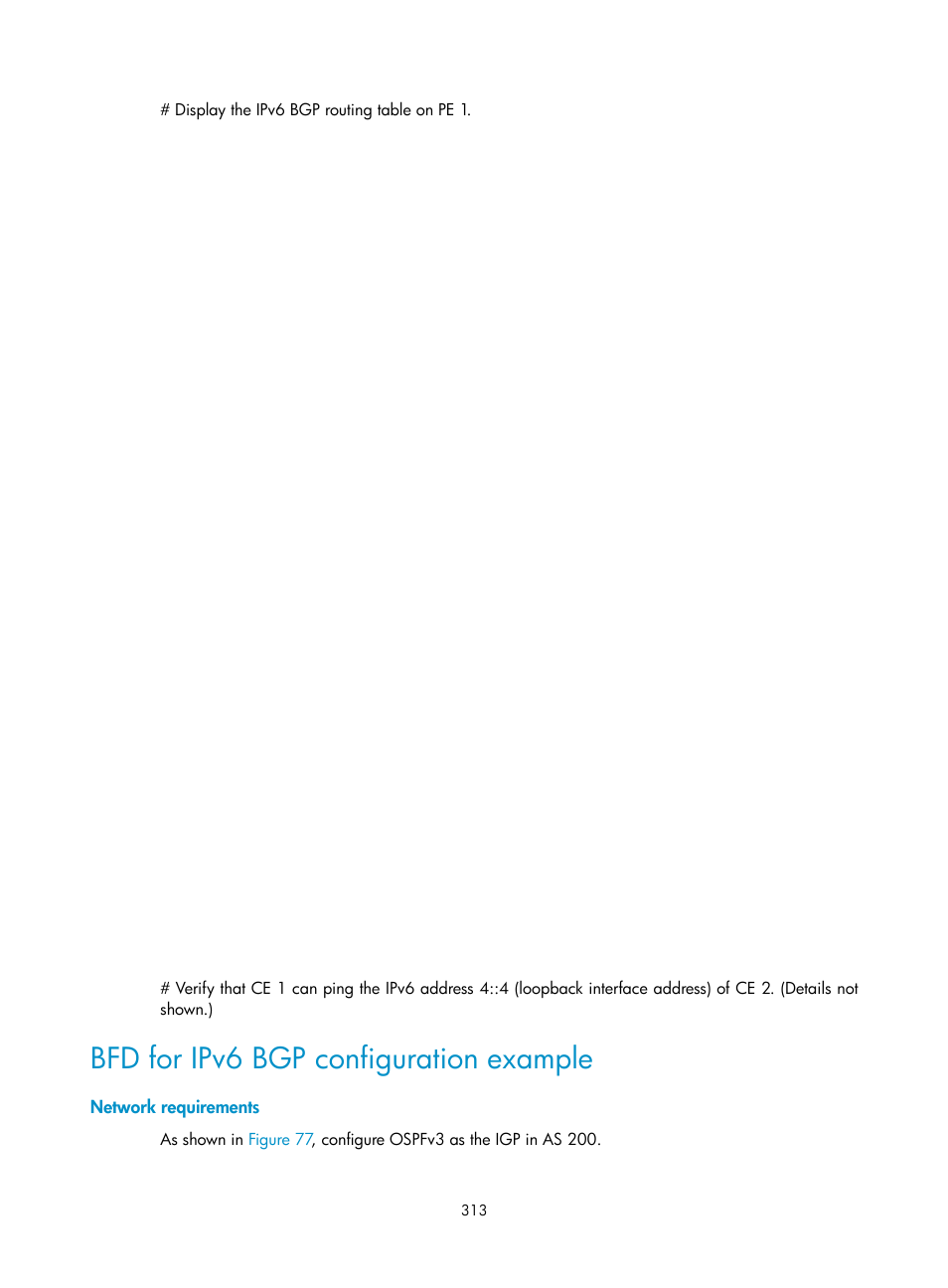 Bfd for ipv6 bgp configuration example, Network requirements | H3C Technologies H3C S5560 Series Switches User Manual | Page 329 / 510