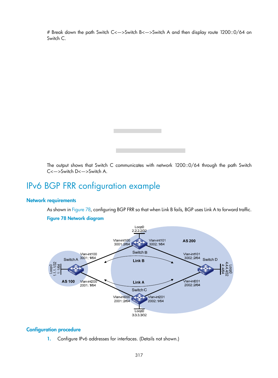 Ipv6 bgp frr configuration example, Network requirements, Configuration procedure | H3C Technologies H3C S5560 Series Switches User Manual | Page 333 / 510