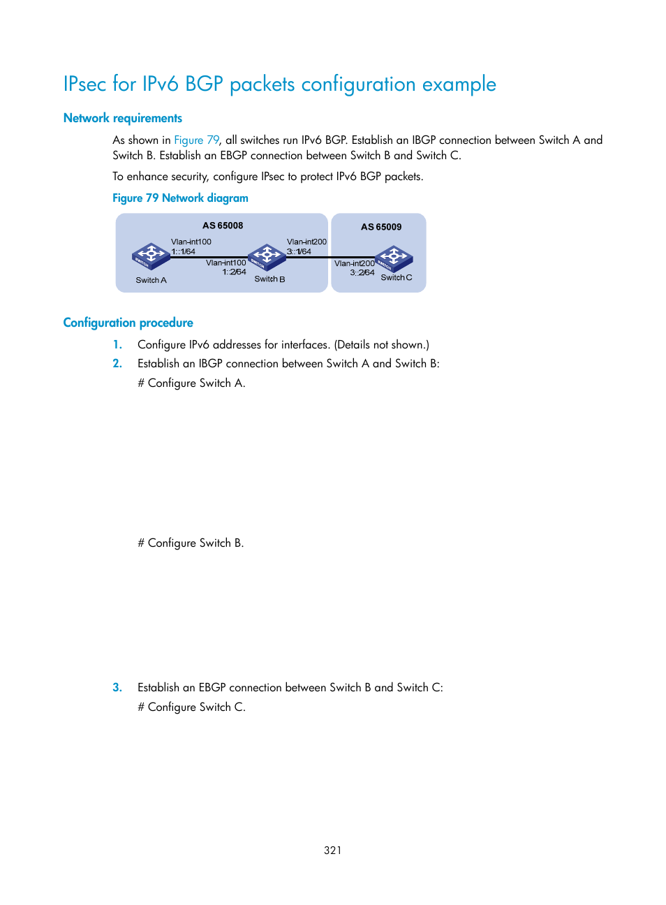 Ipsec for ipv6 bgp packets configuration example, Network requirements, Configuration procedure | H3C Technologies H3C S5560 Series Switches User Manual | Page 337 / 510