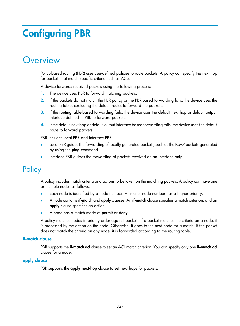 Configuring pbr, Overview, Policy | If-match clause, Apply clause | H3C Technologies H3C S5560 Series Switches User Manual | Page 343 / 510