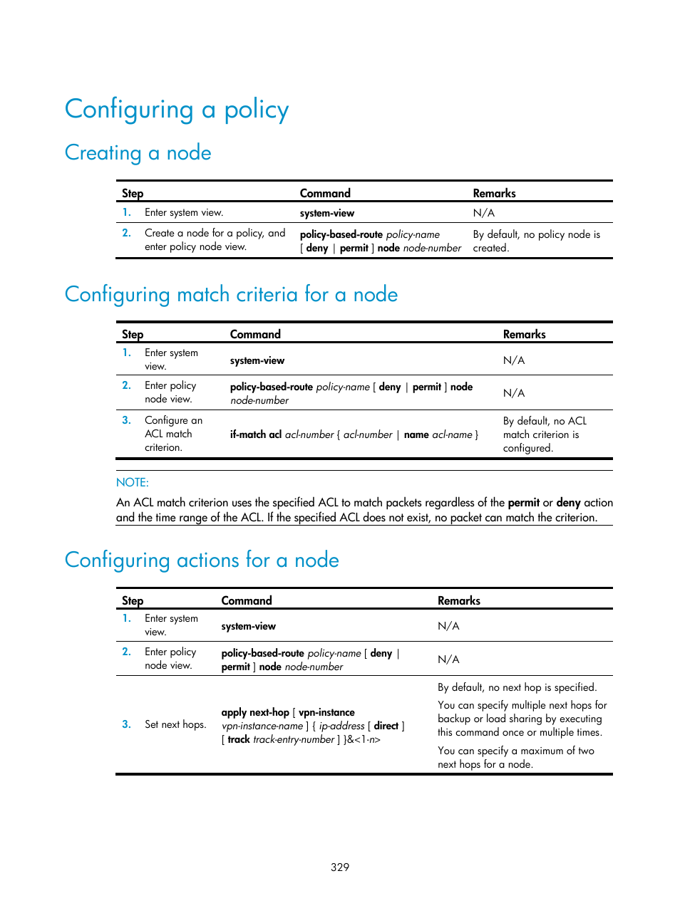 Configuring a policy, Creating a node, Configuring match criteria for a node | Configuring actions for a node, Required.) | H3C Technologies H3C S5560 Series Switches User Manual | Page 345 / 510