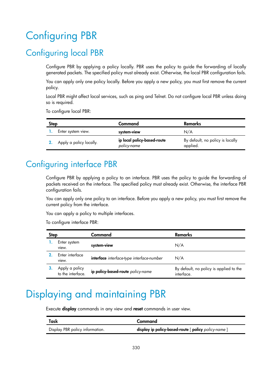 Configuring pbr, Configuring local pbr, Configuring interface pbr | Displaying and maintaining pbr, Required.) | H3C Technologies H3C S5560 Series Switches User Manual | Page 346 / 510