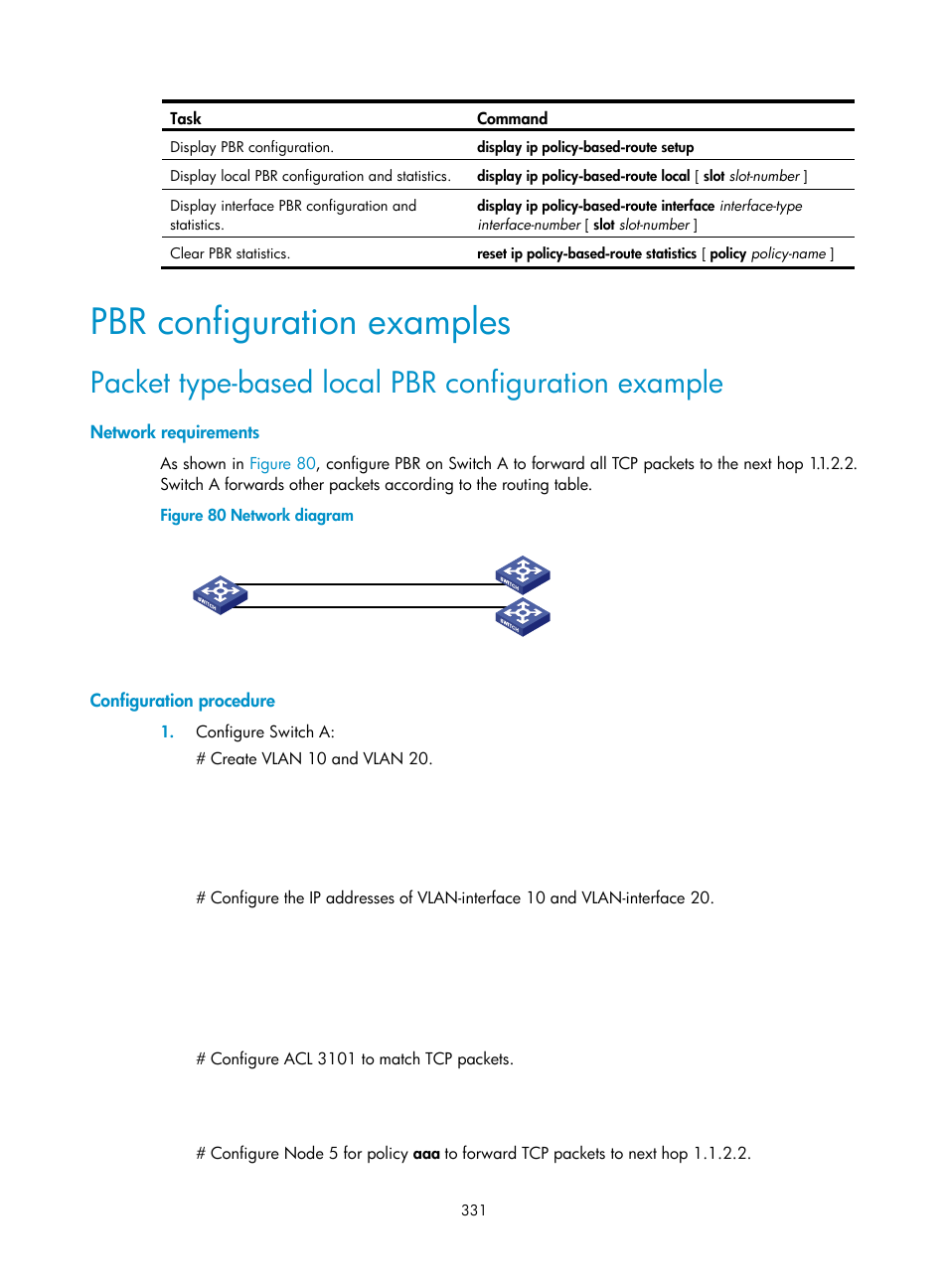 Pbr configuration examples, Packet type-based local pbr configuration example, Network requirements | Configuration procedure | H3C Technologies H3C S5560 Series Switches User Manual | Page 347 / 510