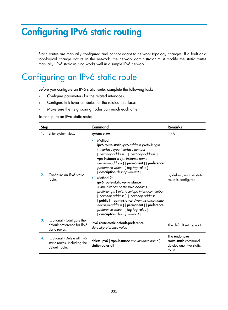 Configuring ipv6 static routing, Configuring an ipv6 static route | H3C Technologies H3C S5560 Series Switches User Manual | Page 351 / 510